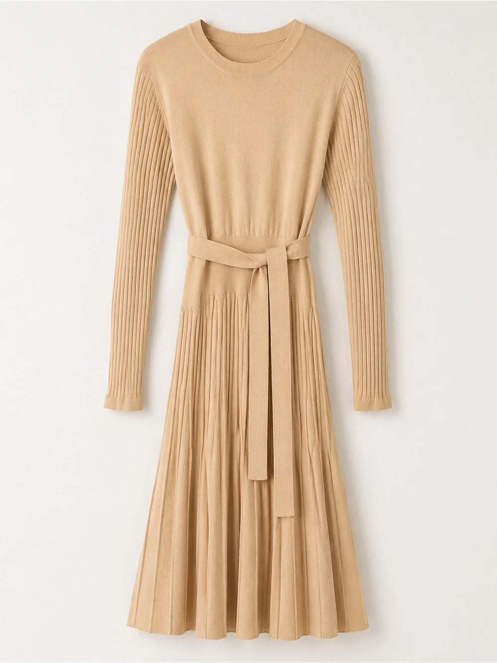 Pleated Knit Midi Dress in Beige - Picture 2 of 5